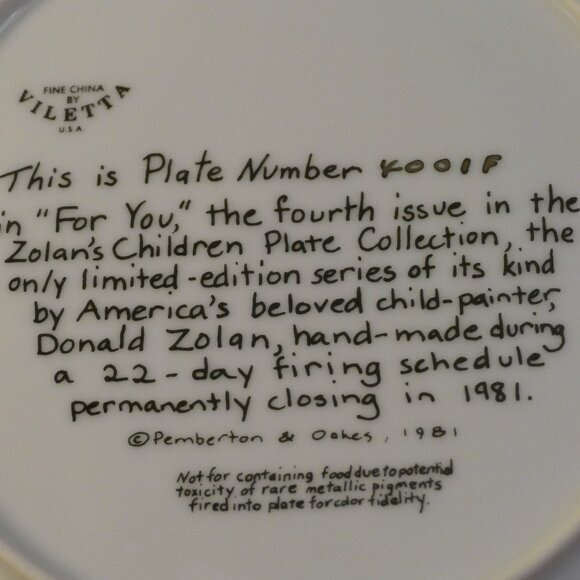Viletta China Collector's Plate "FOR YOU" By Donald Zolan. - Picture 4 of 6